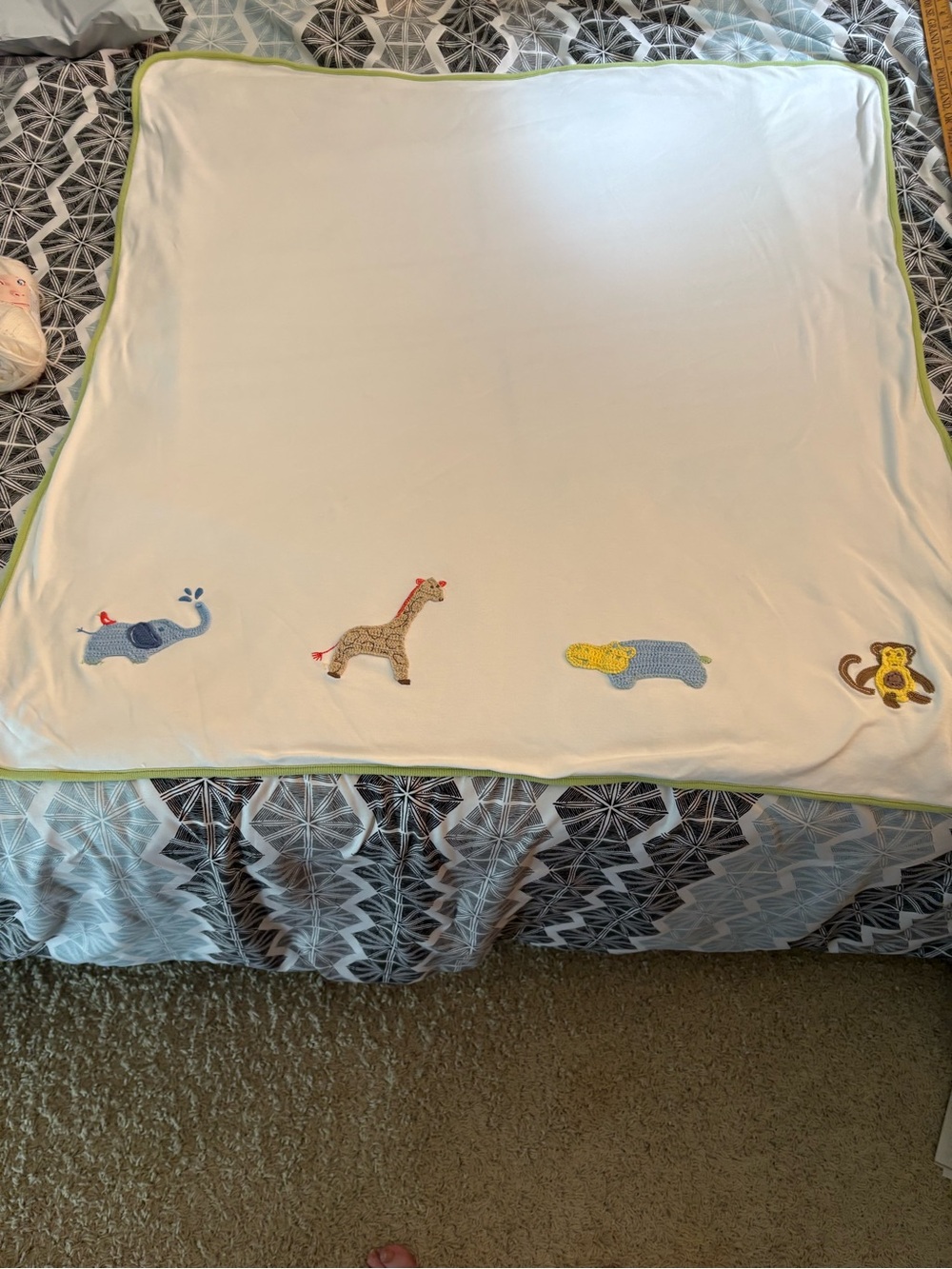 Pottery Barn Kids White Baby Blanket with Animal Appliqués and Green Trim